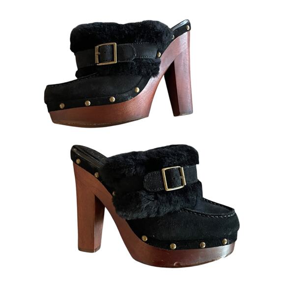 LAUREN RALPH LAUREN Woman's Size 6.5 Black Suede Faux Fur 5" Heel Platform Clogs - Picture 3 of 12